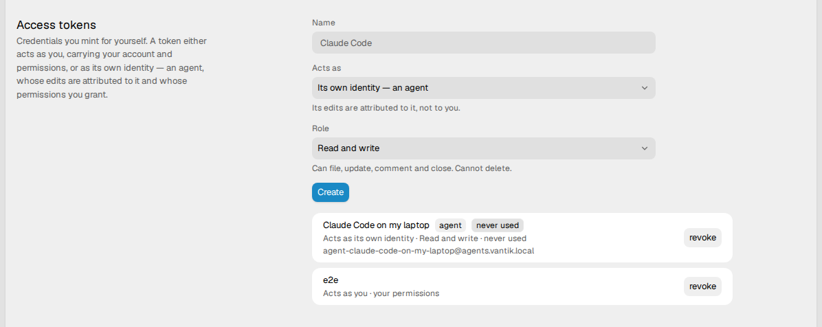 The Access tokens section on the API &amp; Agents page, with the Name, Acts as
and Role fields, and a list of tokens