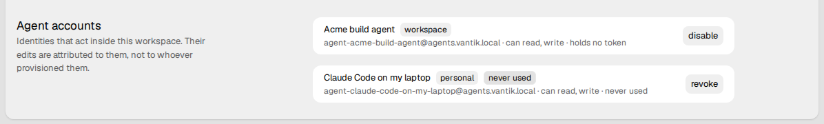 The Agent accounts section, with a list of agents