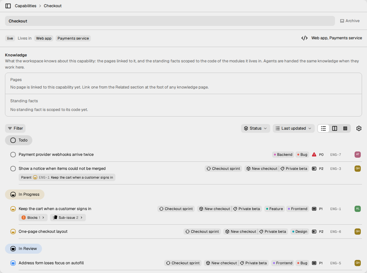 The page of the Checkout capability. It lives in the Web app and Payments
service modules, and it shows its issues by
status.
