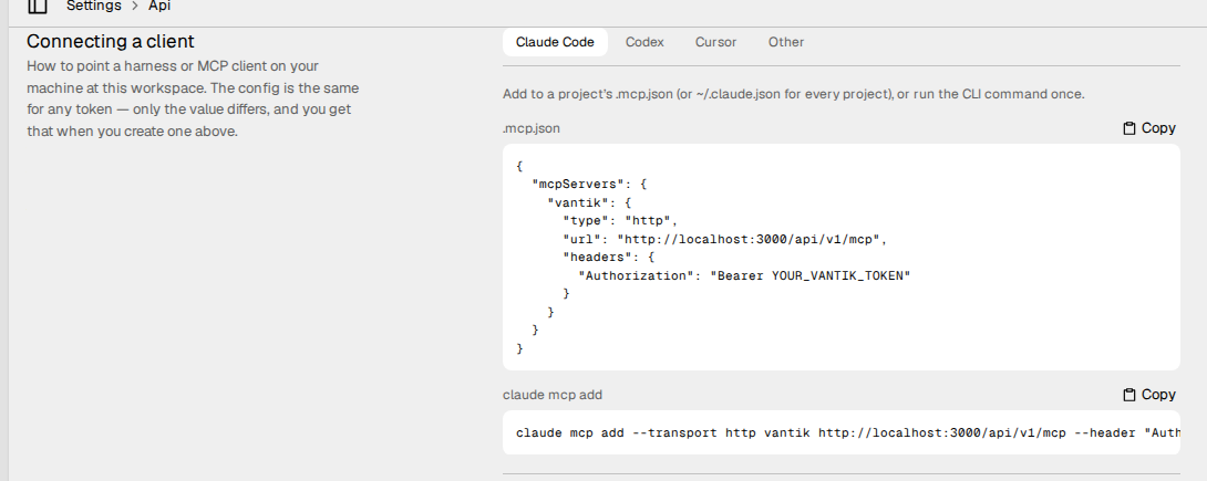 The Connecting a client section, with the tabs for each client and the MCP
configuration block