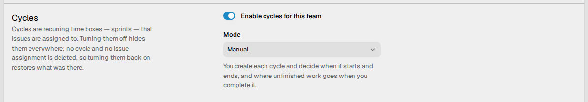The Cycles settings of a team, with cycles
enabled