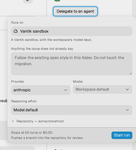 The delegate popover on an issue. It shows the guidance field, the provider,
the model, the reasoning effort and the Start run
button.