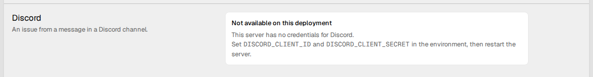 The Discord settings on a server without the Discord credentials. The page
names the two environment variables to set.