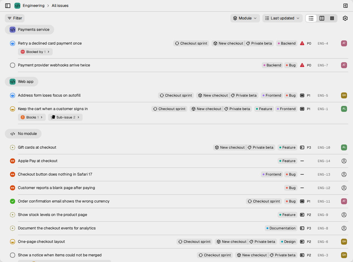 An issue list grouped by module. The groups are Payments service, Web app and
No module.