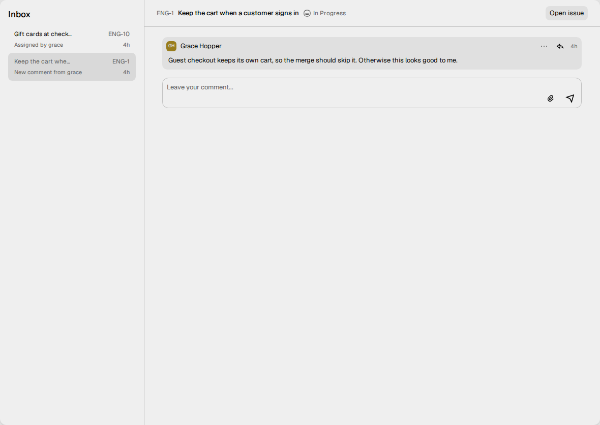 The inbox. The list at the left shows two issues. The open issue at the right
shows a new comment and a box for a reply.