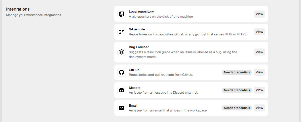 The Integrations settings, with a card for each
integration