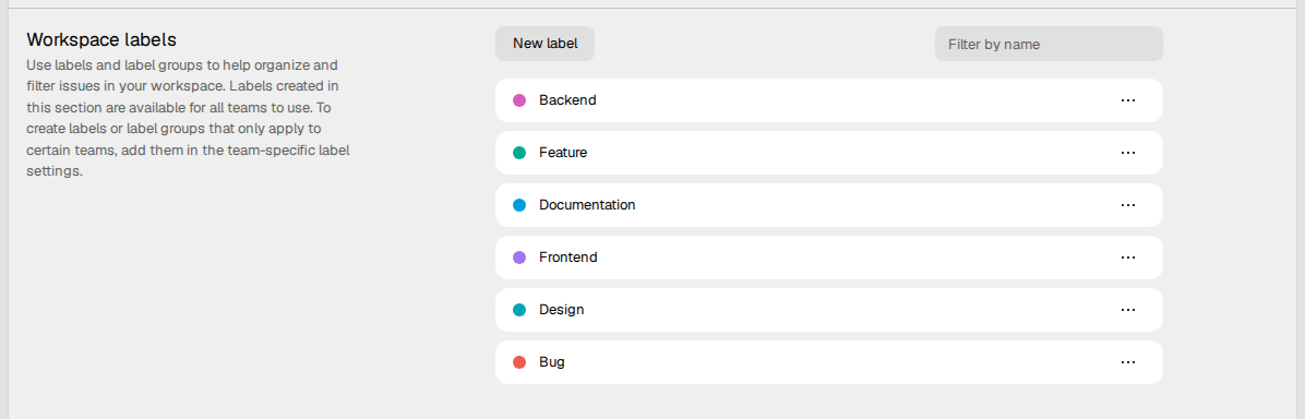 The Workspace labels settings, with a list of
labels