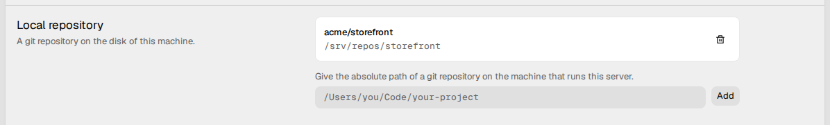 The Local repository settings, with one repository and the field for a new
path