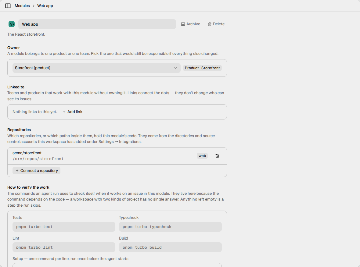 The page of the Web app module, with its owner, its links, one repository and
the How to verify the work section