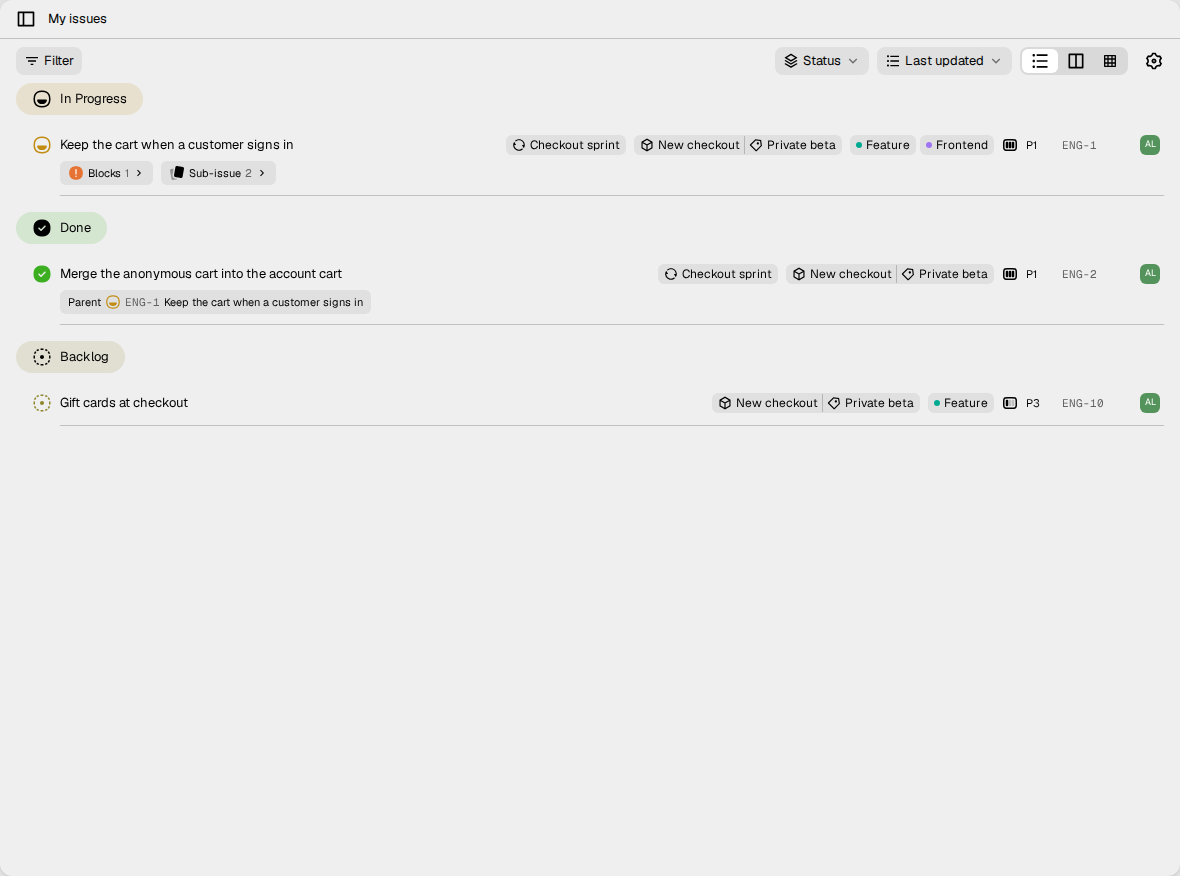The My issues page. It shows the issues assigned to the user, grouped by
status.