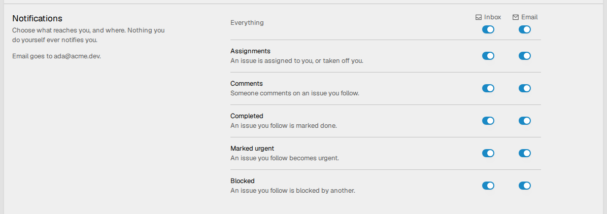 The Notifications settings, with the Inbox and Email switches for each
row