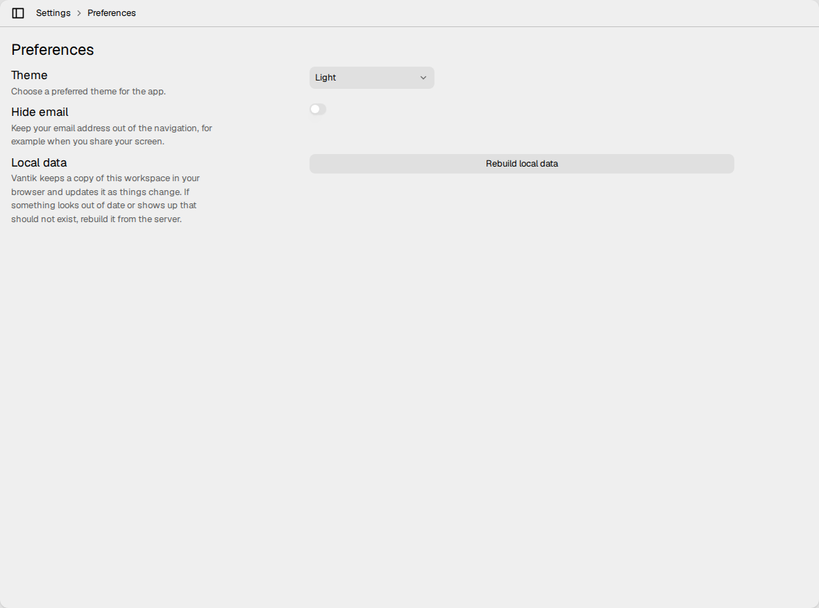 The Preferences settings, with the Theme, Hide email and Local data
sections