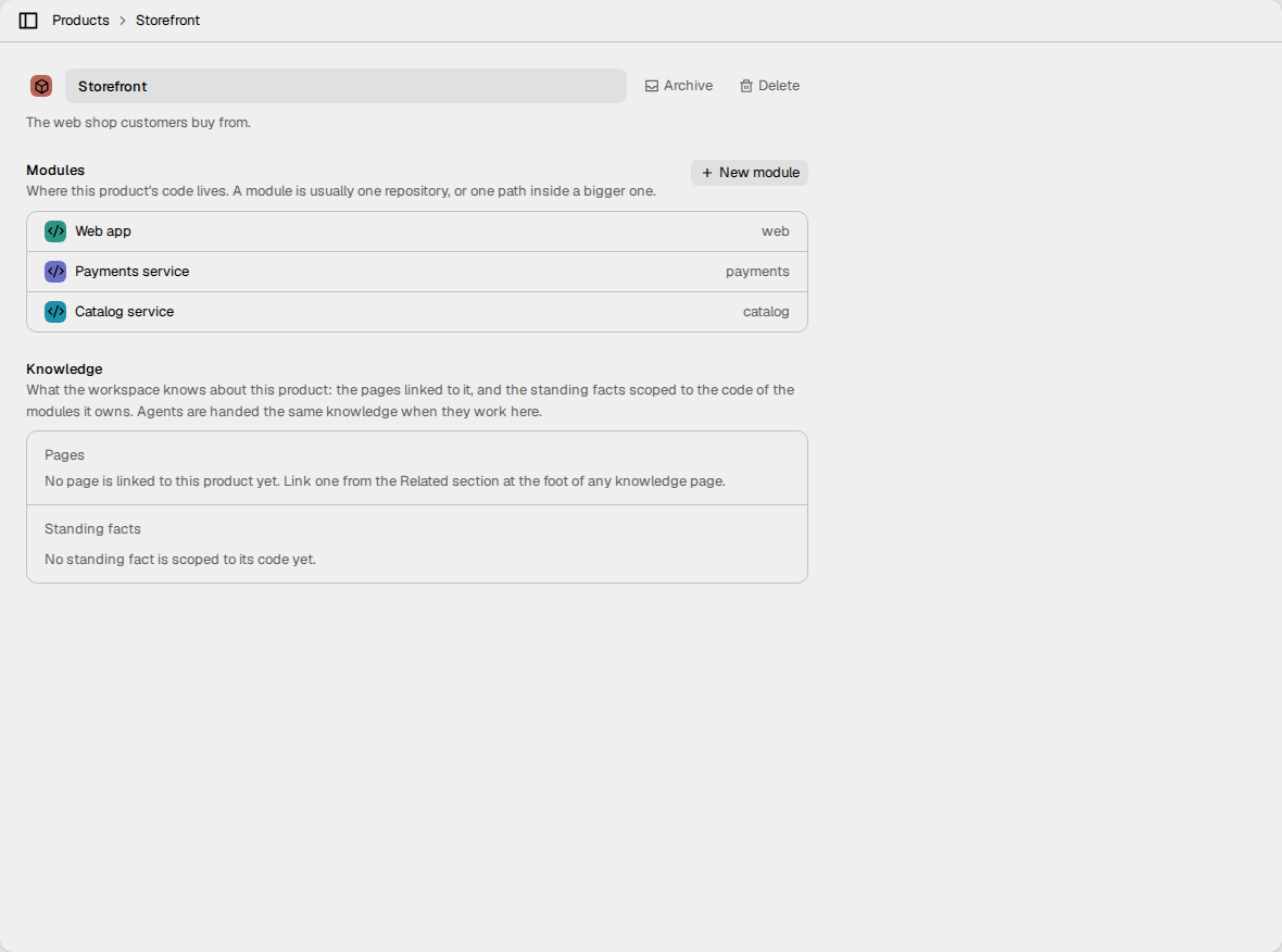 The page of the Storefront product, with its three modules and its
Knowledge section