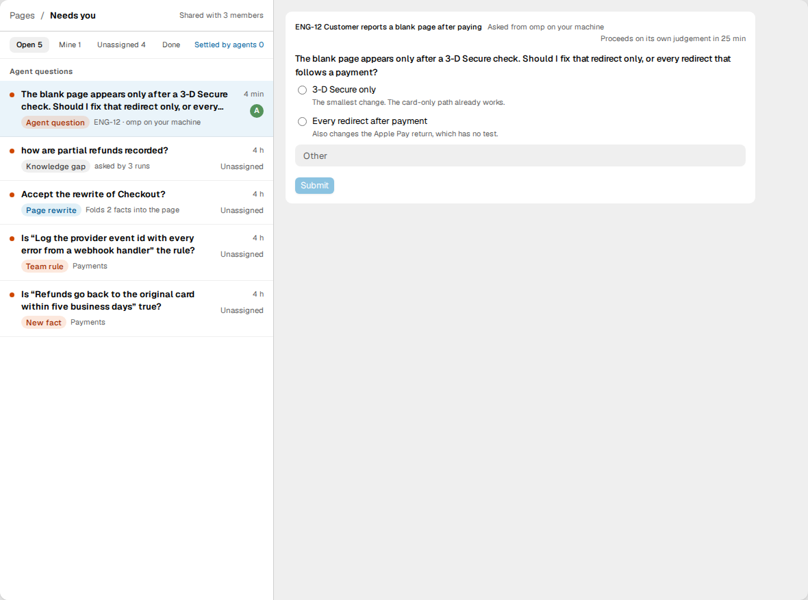 Needs you with an open agent question. The question asks which redirect to
fix, offers two choices and a field for another answer, and shows how long the
agent waits.