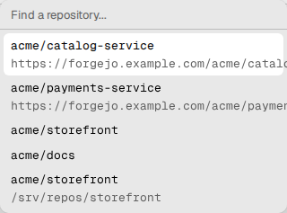 The Connect a repository list of a module, with two repositories on a
Forgejo host, two GitHub repositories and one local
repository