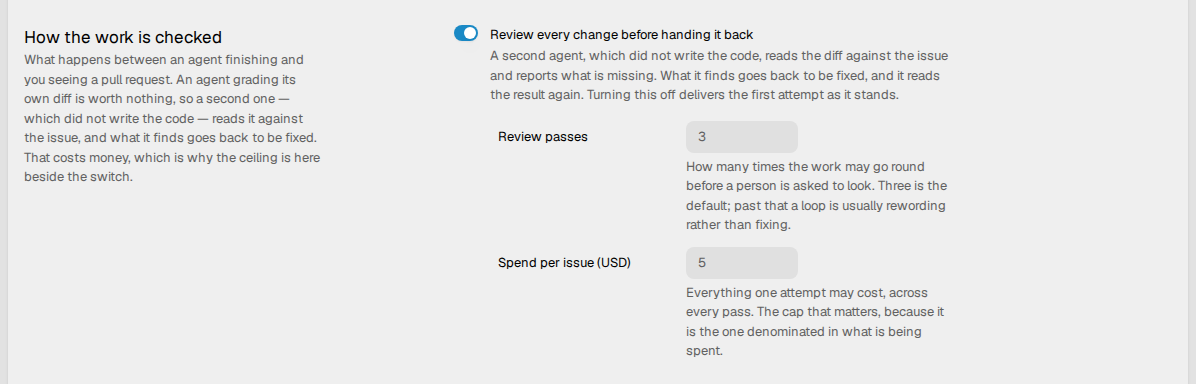 The How the work is checked section, with the review switch on, 3 review
passes and a spend of 5 USD
