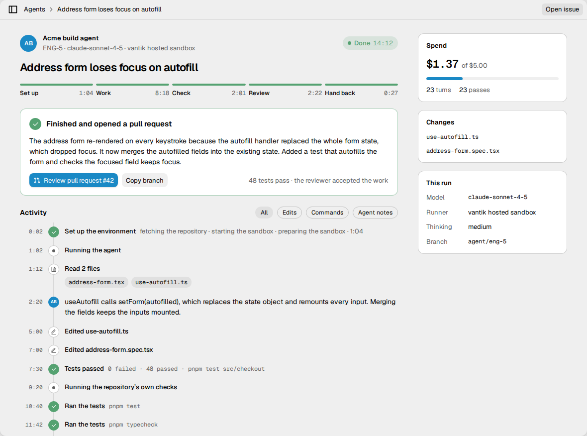 The page of a run that finished and opened a pull request. The outcome card
shows the summary of the agent.
