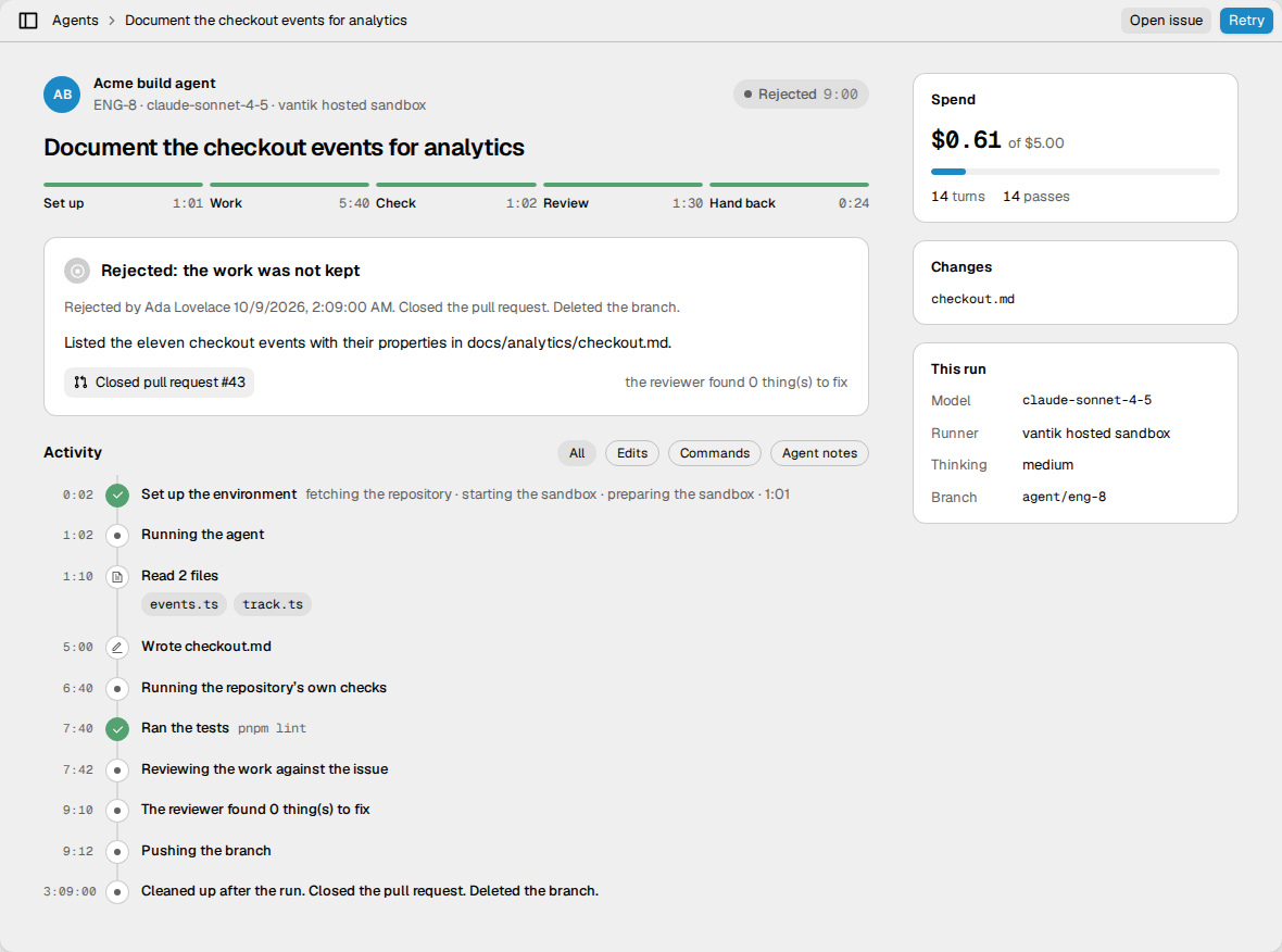A rejected run. The status shows Rejected, and the outcome card tells that
Vantik closed the pull request and deleted the
branch.