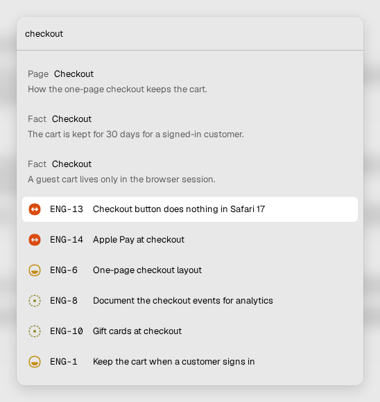 The search dialog. The query is checkout. The results show six
issues.