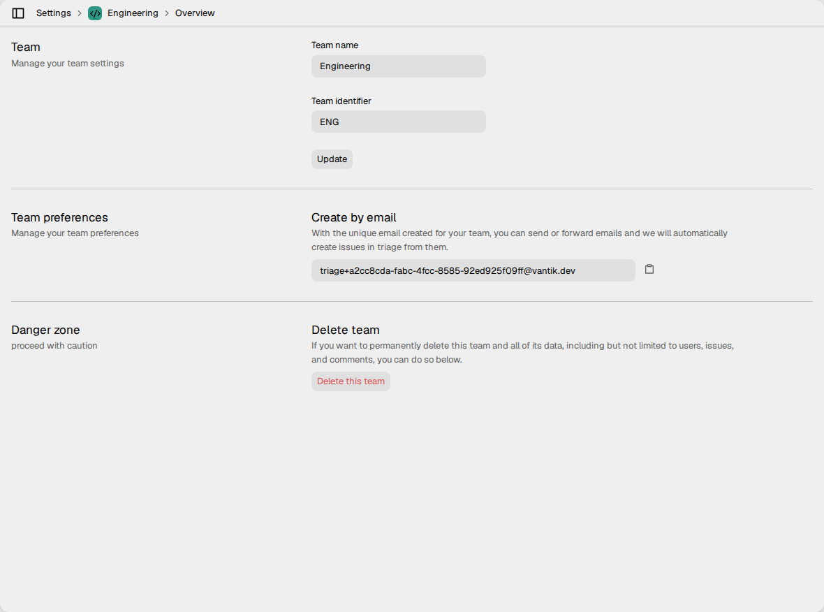 The Overview settings of a team, with the Team name and Team identifier
fields